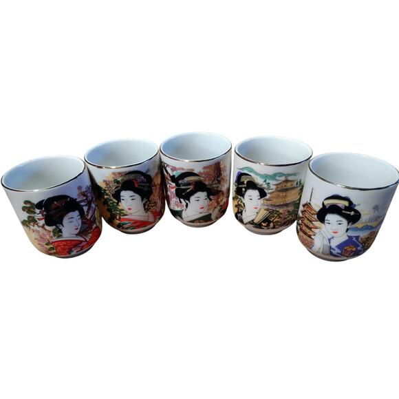 Vintage Tea Cup Japanese Geisha Porcelain Wine Tumbler Gold Accents Set of 5 - Picture 2 of 4